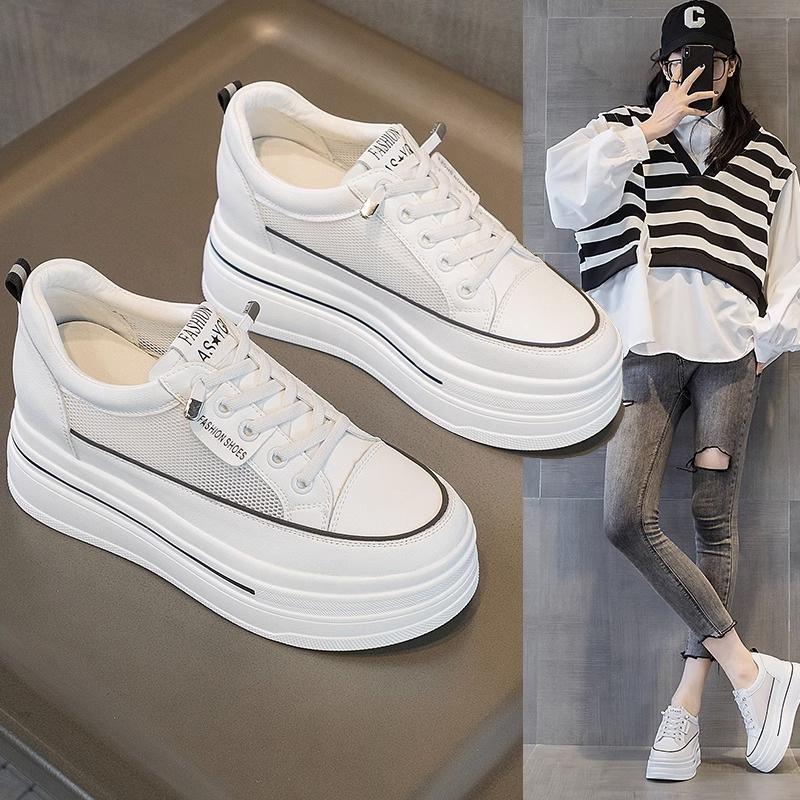 Board shoes women's inner height increase women's shoes muffin thick sole 2025 spring leather new casual mesh small size white shoes women