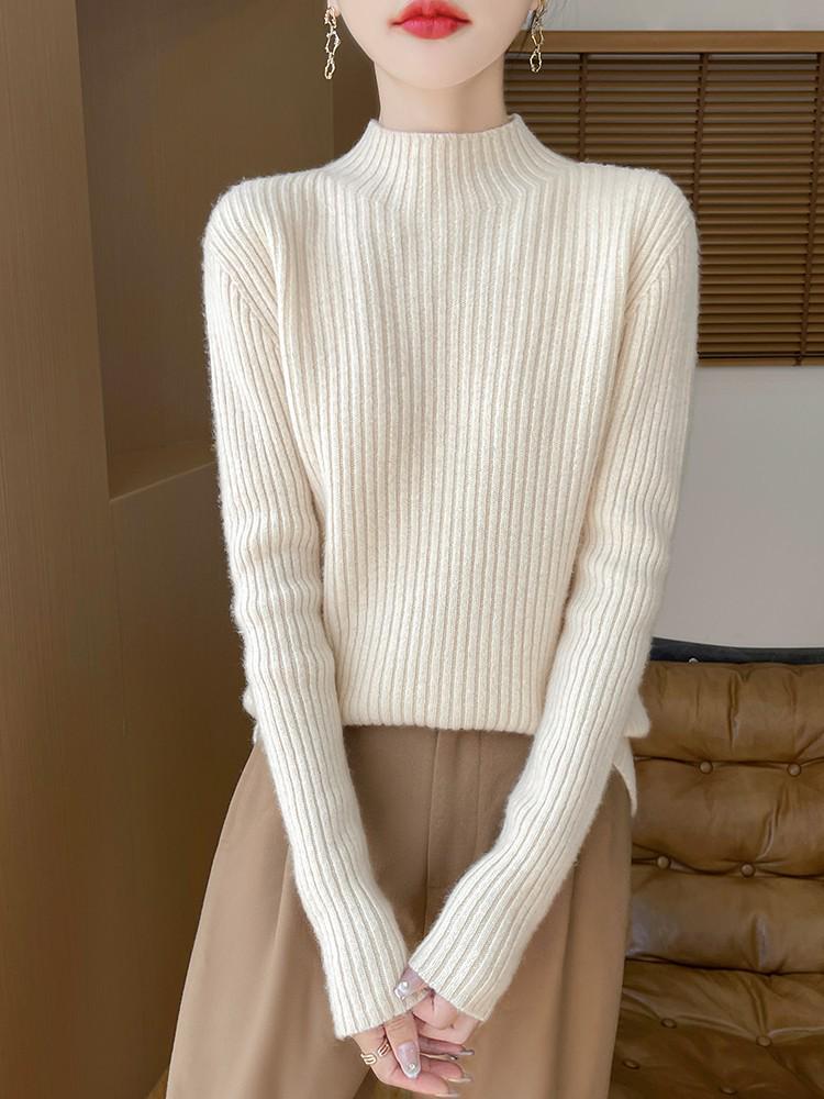 Women's Elegant Half-High Collar Wool Pullover Sweater - Autumn/Winter Cashmere Knitted Top