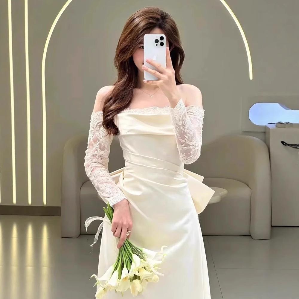 French Light Wedding Dress Mori Simple Super Fairy Lace Welcome Dress Socialite Banquet One-word Shoulder White Satin Dress Skirt