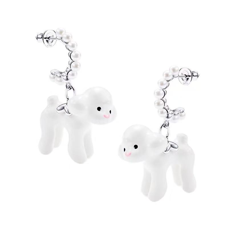Luxury White Enamel Pearl Teddy Dog Earrings: Women s Niche Design, Silver Studs