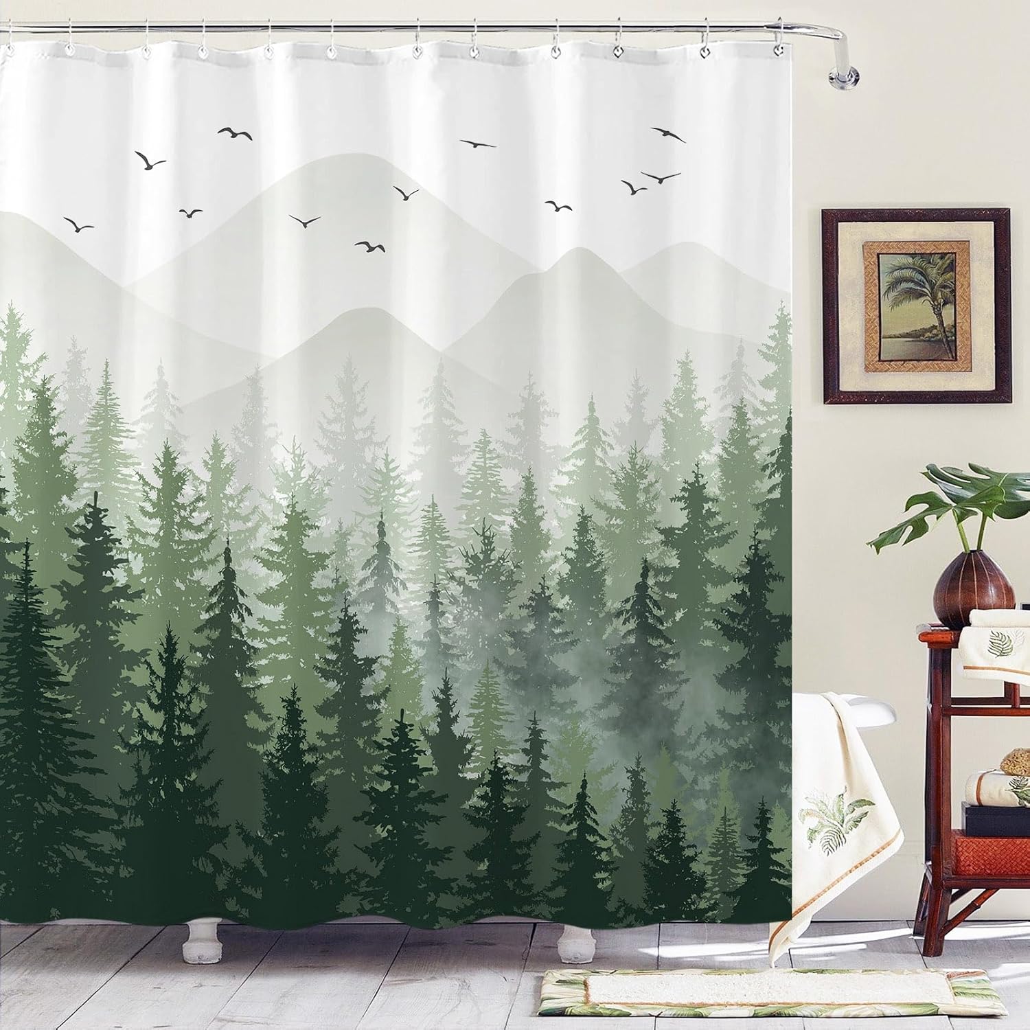 

Brown Misty Forest Shower Curtain Ombre Nature Tree Plants Shower Curtains Fabric Waterproof Mountain Shower Curtain Sets For W60H190(CM)-1 Pcs