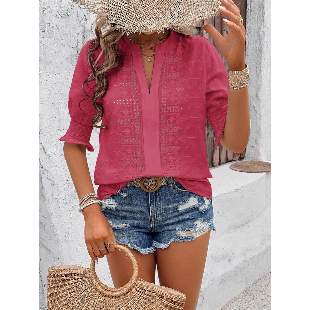 Women's Summer T-shirt Solid Color V-neck Puff Sleeve Hollow T-shirt