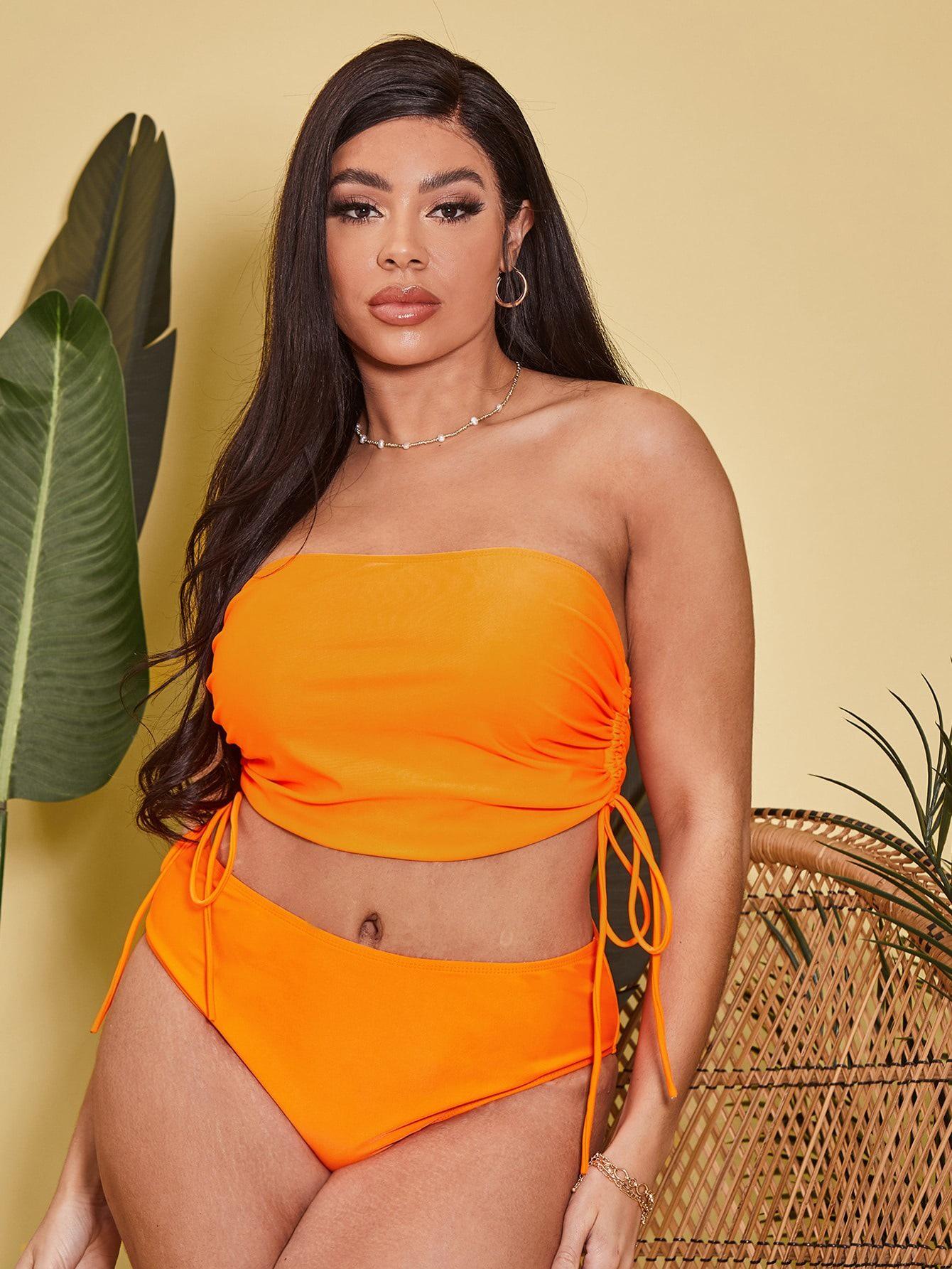 

Женский однотонный оранжевый купальник бикини бандо большого размера с высокой талией и кулиской 3XL оранжевый