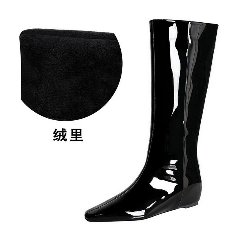 

European American Wide Tube Women Rear Zipper Small Square Toe Mid-Heel Heel Inside High-Gloss Patent Leather High-Tube Boots 34
