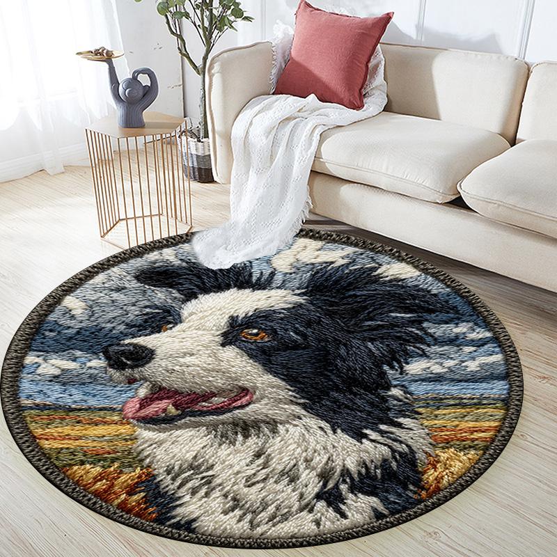 Border Collie Runder Teppich, Teppich für Wohnzimmer Schlafzimmer Sofa Spielzimmer Dekoration, Rutschfeste Bodenmatte
