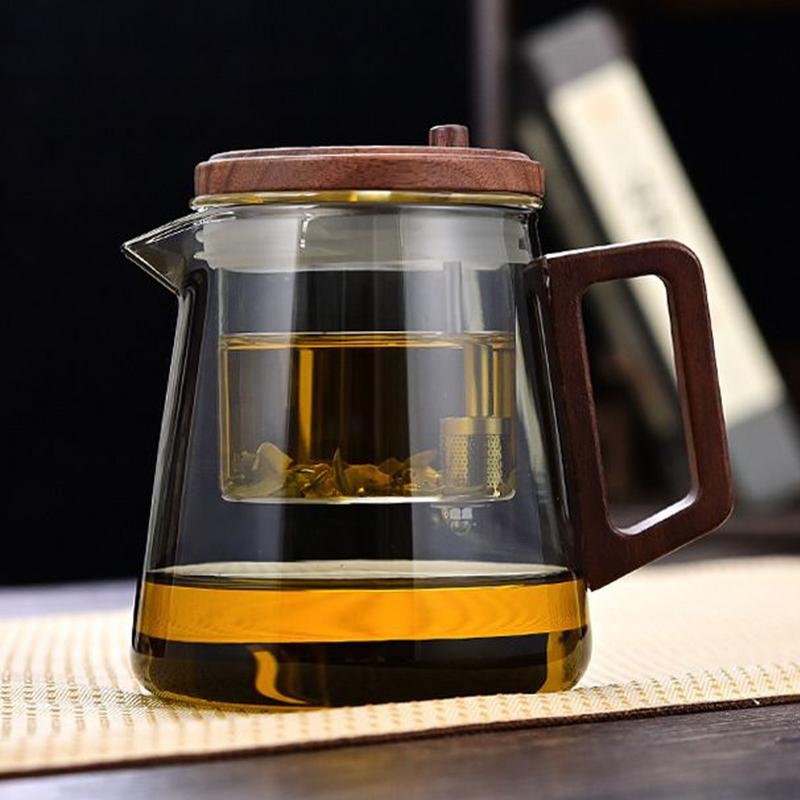 Glass Teapot with Wood Handle Filter Tea Pot Inner Tank Ergonomic Comfort Heat Resistant Tea Maker Kettle for Home Living Room