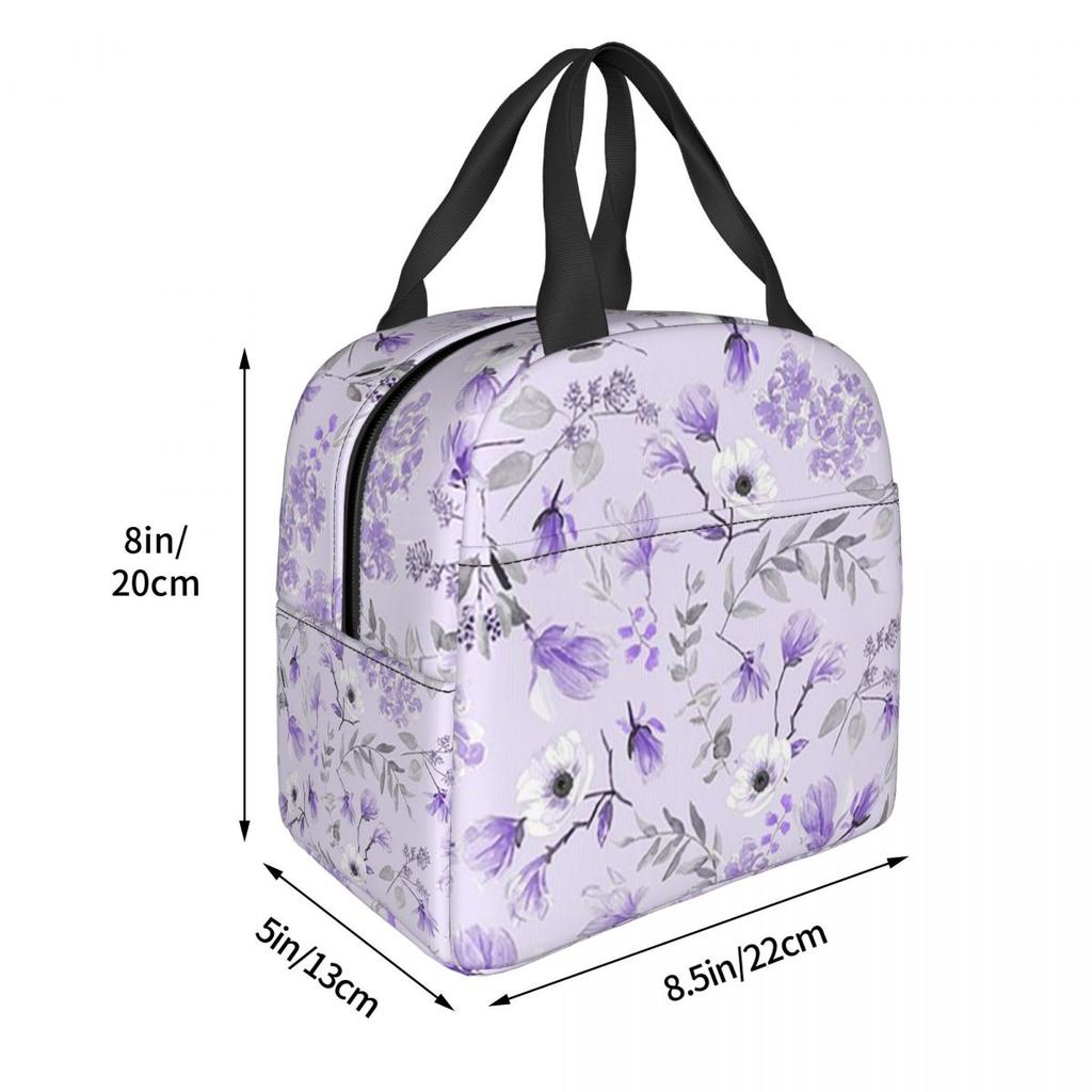 Light Purple Floral Pattern Insulated Lunch Bag for Women Kids Portable Food Boxes Thermal Lunch Box Tote
