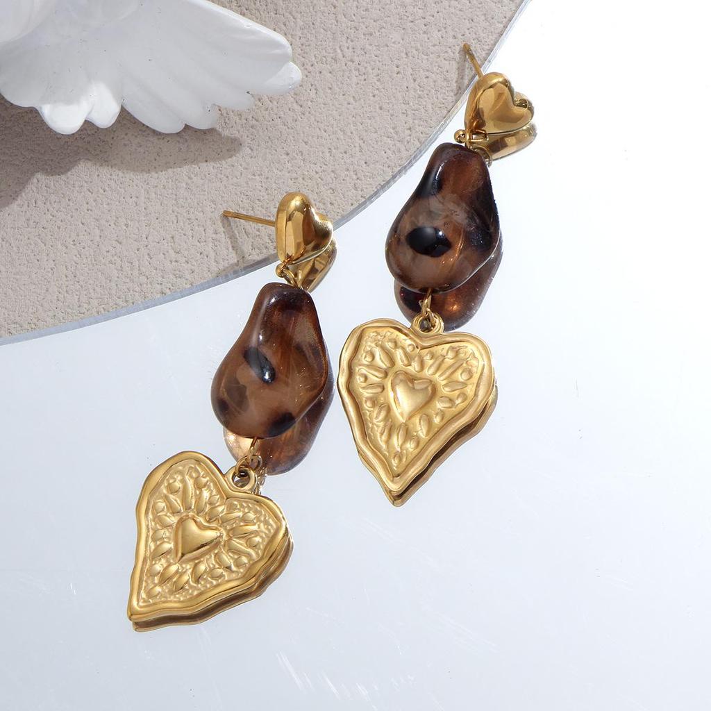 Stainless Steel Leopard Print Love Heart Dangle Stud Earrings for Women