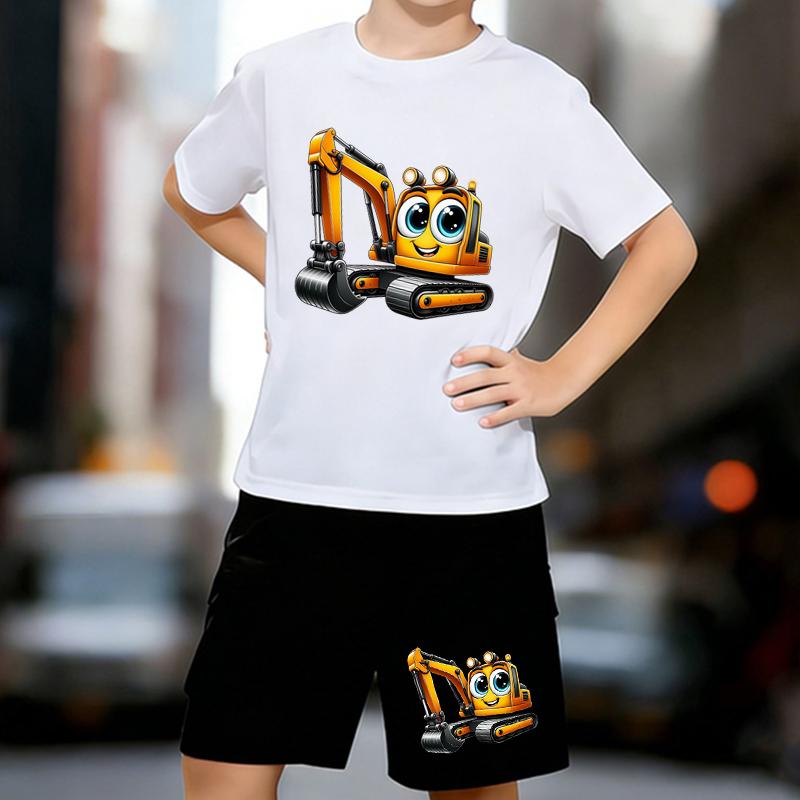 

Boys 2 Piece Cartoon Excavator Printed outfit, Short Sleeve T-Shirt and Shorts Set for Kids Age 5-14,White, Black Sporty Casual Summer Clothes 13-14 Years