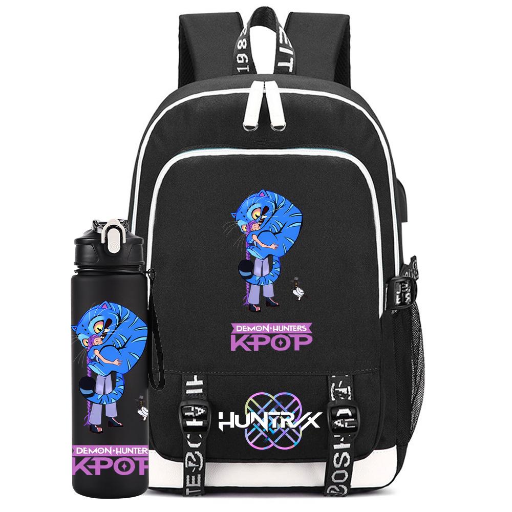 2Pcs/set Anime K-Pop Demon Hunters Printed Backpack Large Capacity Bookbag with 750Ml Water Bottler Laptop Student Boy Girl Large Capacity Bookbag