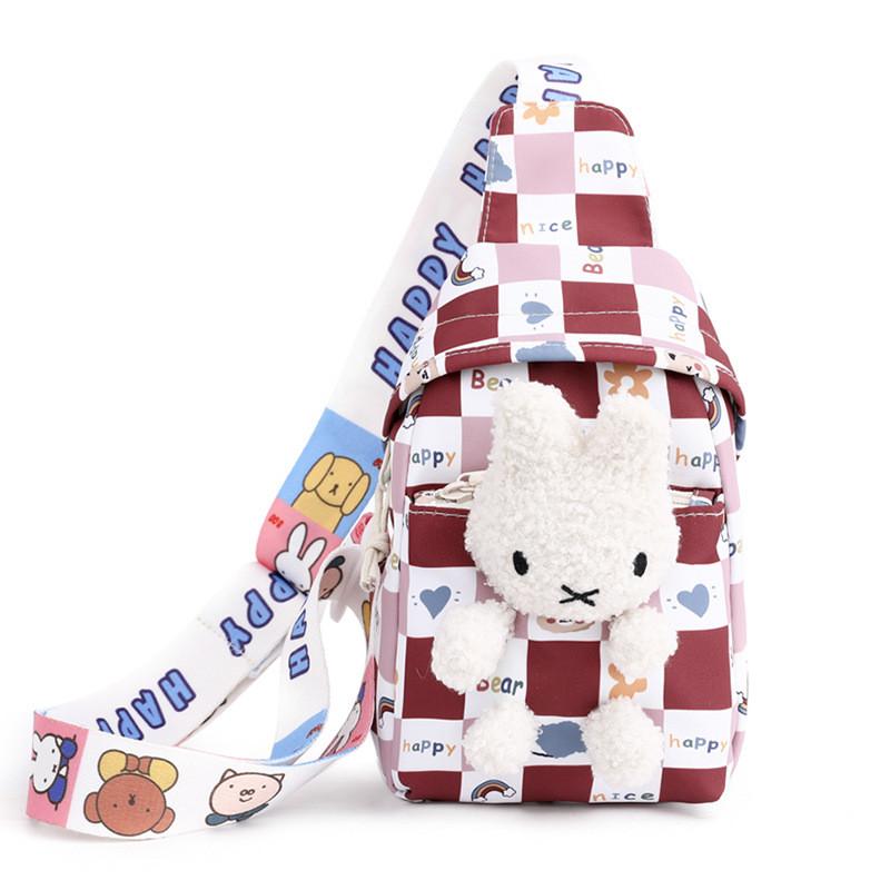 Trendy Checkerboard Nylon Children's Backpack Adorable Cartoon Doll Bag For Kids