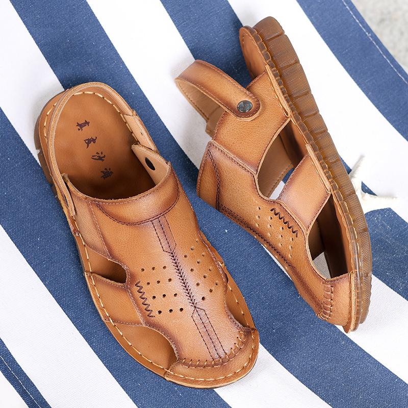 Summer new men's first-layer cowhide bag head sandals outdoor casual leather beach shoes men's breathable platform slippers