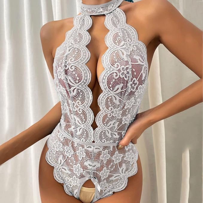 One Piece Womens Lingerie Halterneck Crotchless High Cut Bodysuit Plus Size Lace Teddy Lingerie for Women Sex Play