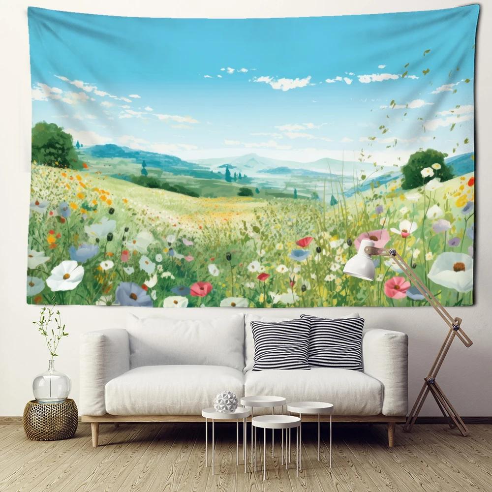 Blue Sky Grassland Flower Blossoms Tapestry Wall Hanging Simple Art Landscape Bohemian Dormitory Bedroom Home Decor