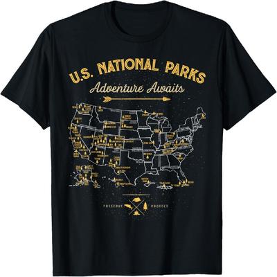 63 National Parks Map US Park Retro Vintage Camping Hiking T-Shirt(2)