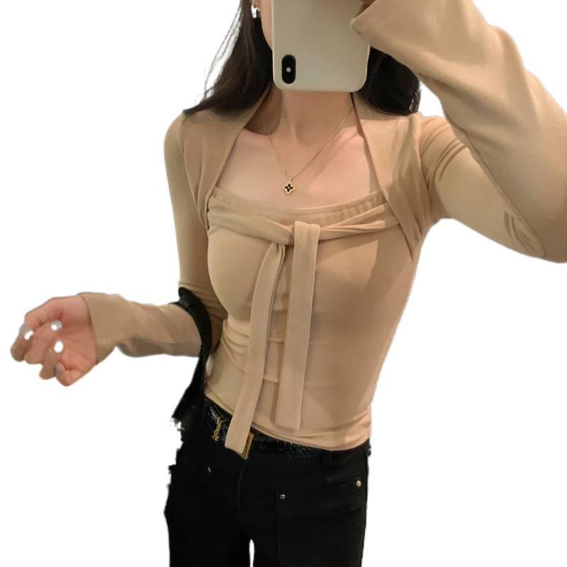 Women's Lace-Up Square Neck Slimming Crop T-Shirt for Autumn/Winter 2025