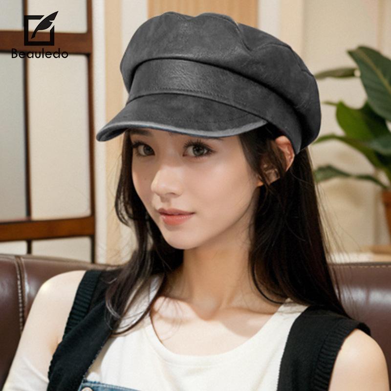 Autumn and Winter Pu Leather Retro Octagonal Hat for Women with Old Temperament and Versatile Face Showing Small Beret Korean Style Ripples Hat