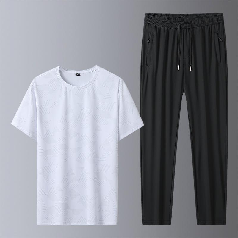 2026 Summer Ice Silk Quick-Dry Sports Casual Set: Round Neck T-Shirt & Straight Leg Pants