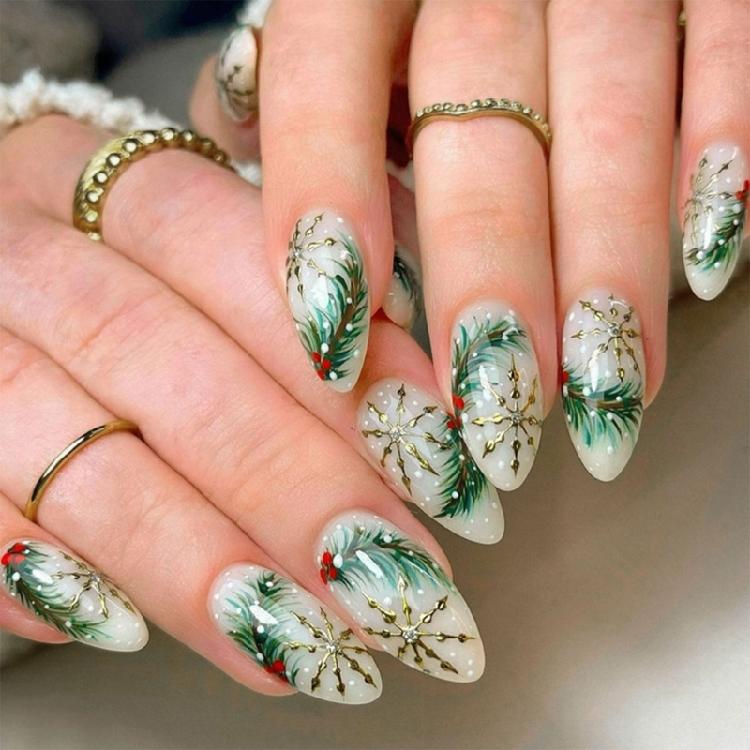 Fashionable Christmas Press On Nail Almond False Nail With Green Tree Designs Stick on Nail For Festive Look 24Pcs 1