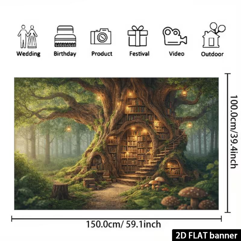 2D Whimsical Tree Library Tapestry, Aesthetic Enchanted Forest Wall Hanging