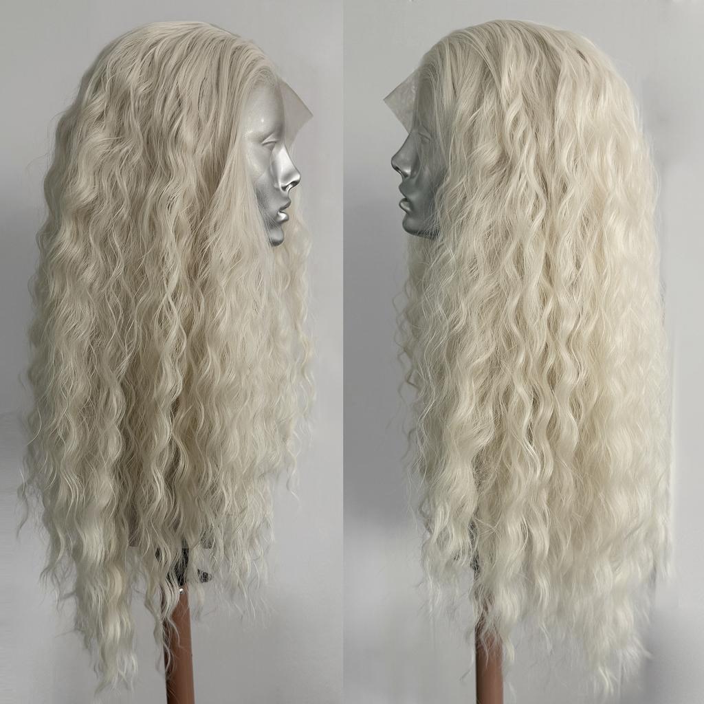 Peluca Rubia Platino Onda Profunda Rizada 13x4 Encaje Frontal Sintético para Mujeres Sin Pegamento Fibra Resistente al Calor Cabello Uso Diario Cosplay
