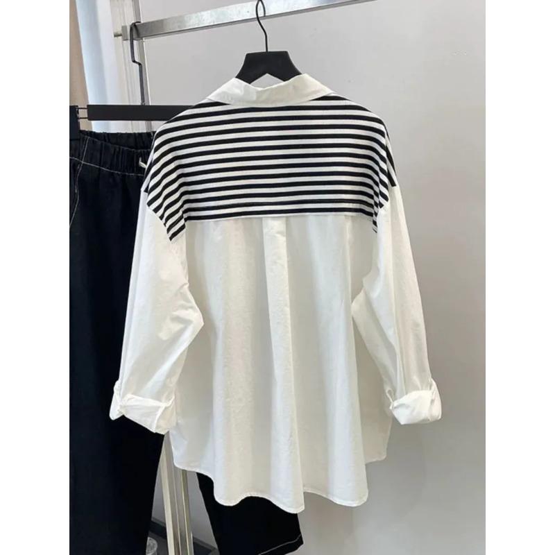 Striped Stitching Fake Two-piece Shawl Long-sleeved Shirt Women's Loose and Stylish Top