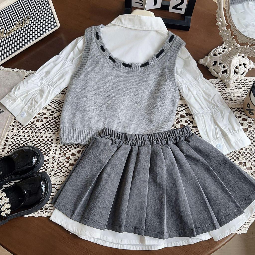 Girls' Autumn Sweater Vest, Shirt & Pleated Skirt Set (AQA063-AQA065)