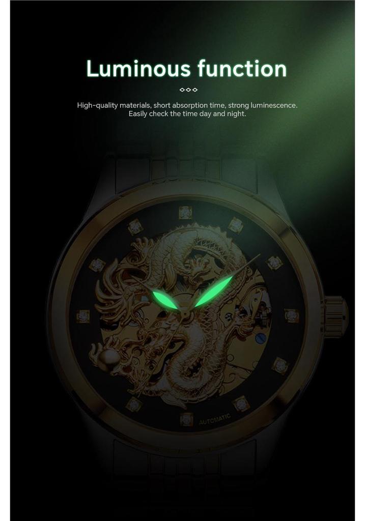 NARY Gold Dragon Waterproof Stainless Steel Skeleton Automatic Watch 18028.