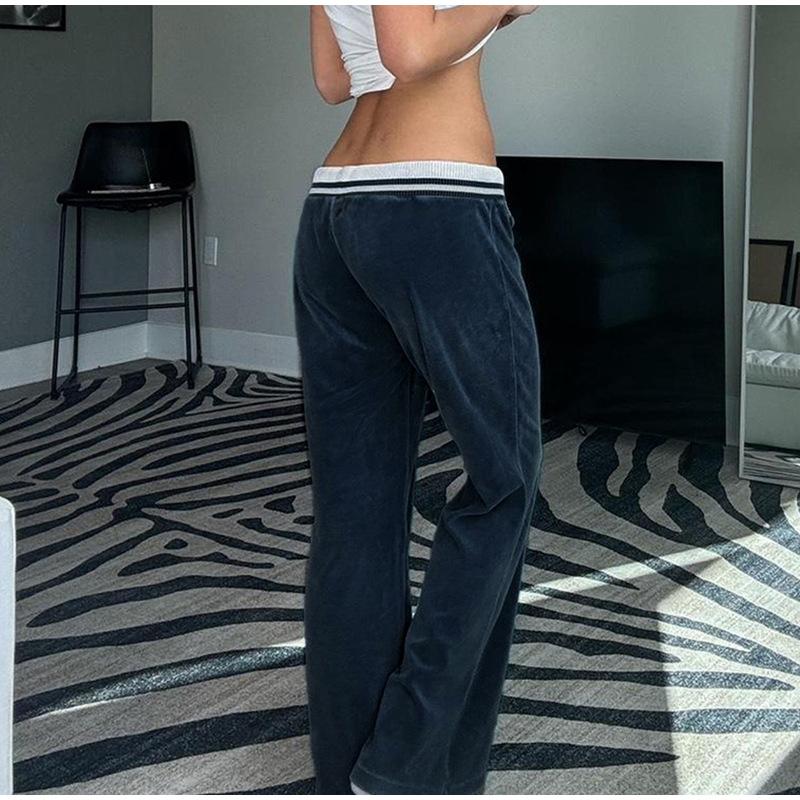 Blue Velvet Casual Pants Streetwear Stitching Straight Trousers Vintage Drawstring Low Rise Loose Women's Pants Basic 2025 Spring Autumn