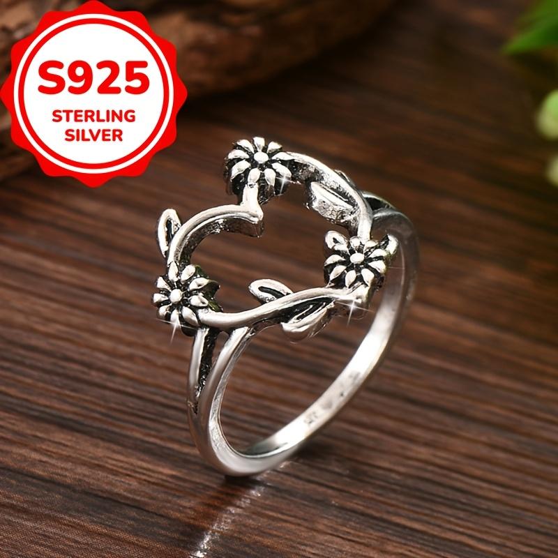 Fashion S925 Sterling Silver Antique Silver Heart-shaped Carved Flower Ring for Women Wedding Engagement  Gift