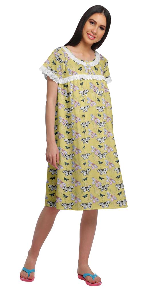 Moomaya Printed Short Sleeve Knee Length Nightdress Round Neck Sleepwear