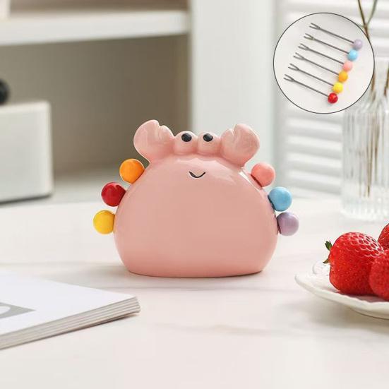 Fruit Fork Set with Ceramic Crab Storage Jar Stainless Steel Dessert Salad Forks Cartoon Mini Food Picks for Home Cafe Restaurant Table Decoration