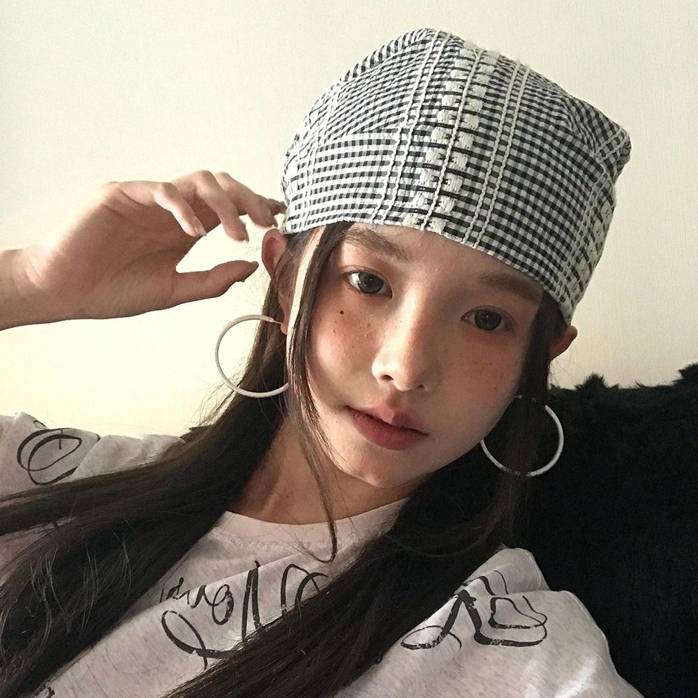 Plaid Headscarf Hat American Beanie Hats Fashion Strappy Bandana Cap  Unisex