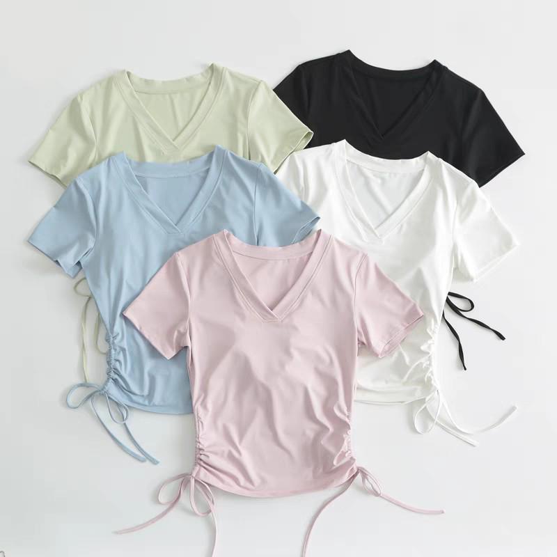 

Женские быстросохнущие топы для йоги с V-образным вырезом и коротким рукавом на весну/лето — утягивающие спортивные футболки для пилатеса, фитнеса и бега. M (95-108)