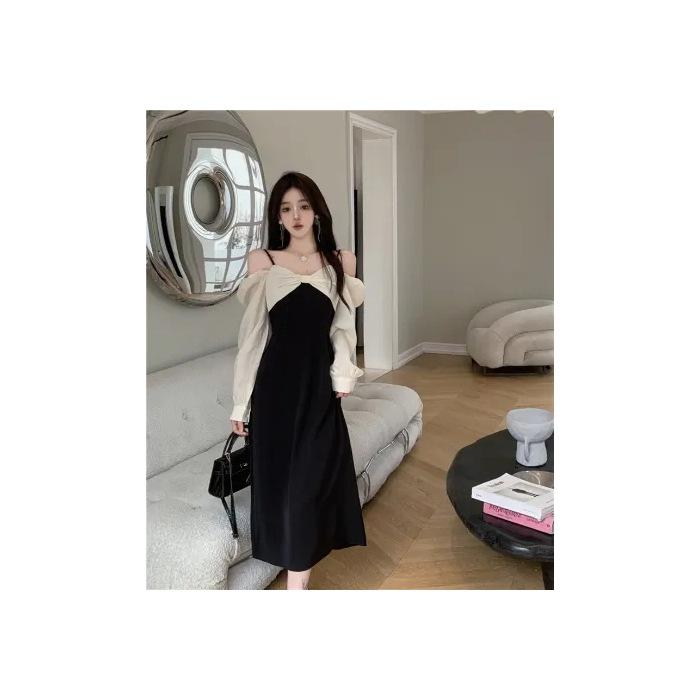 

Large size early autumn temperament off-the-shoulder dress for women s new fat sister to cover her belly and show her thinness French Hepburn skirt 2XL