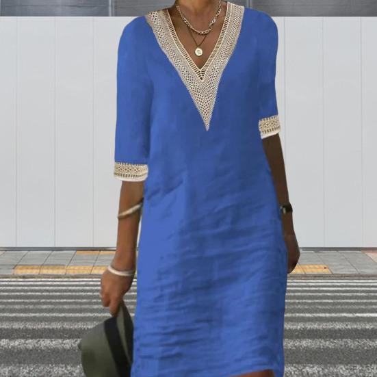 V-neck Half Sleeve Thin Beach Dress Women Elegant Lace Stitching Casual Dress Streetwear