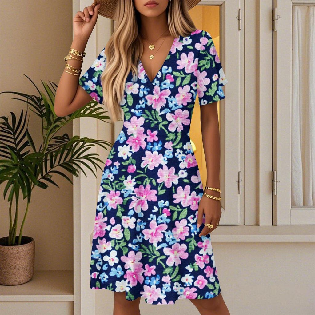 Damen Sommer Mode Blumenmuster Kleid Lässig Strand A-Linie V-Ausschnitt Lockeres Sommerkleid