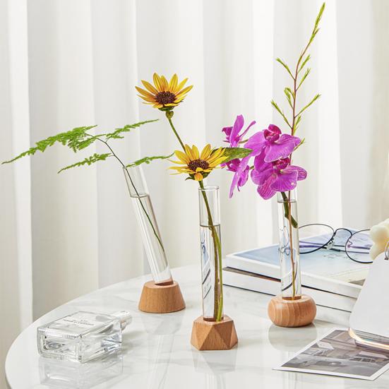 Glass Tube Vase with Wood Base Minimalist Flower Vase Single Stem Flower Vase for Flower Cuttings Home Table Centerpiece Office Desk