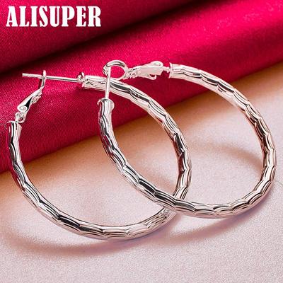925 Sterling Silver Wave 40mm Kruhové náušnice
