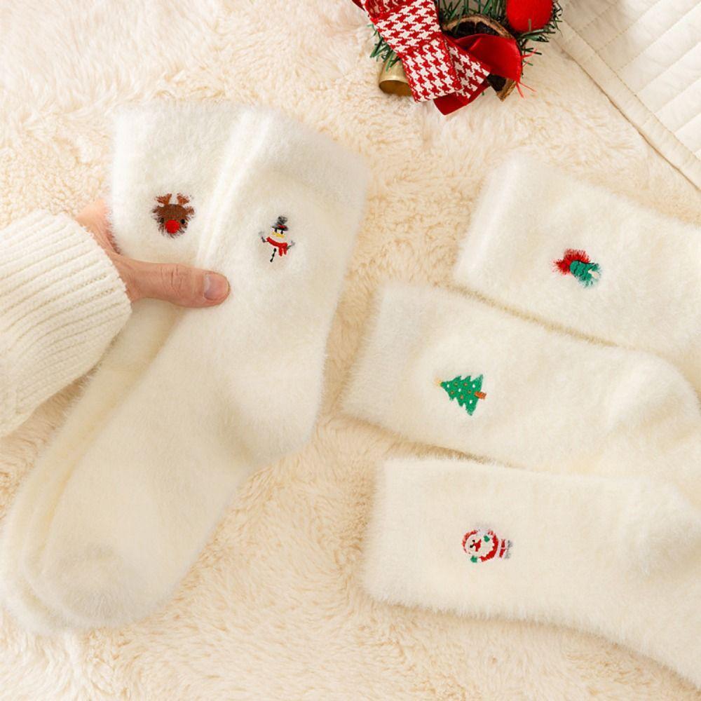 Winter Warm Christmas Pattern Socks Mink Velvet Xmas Tree Snowman Elk Socks
