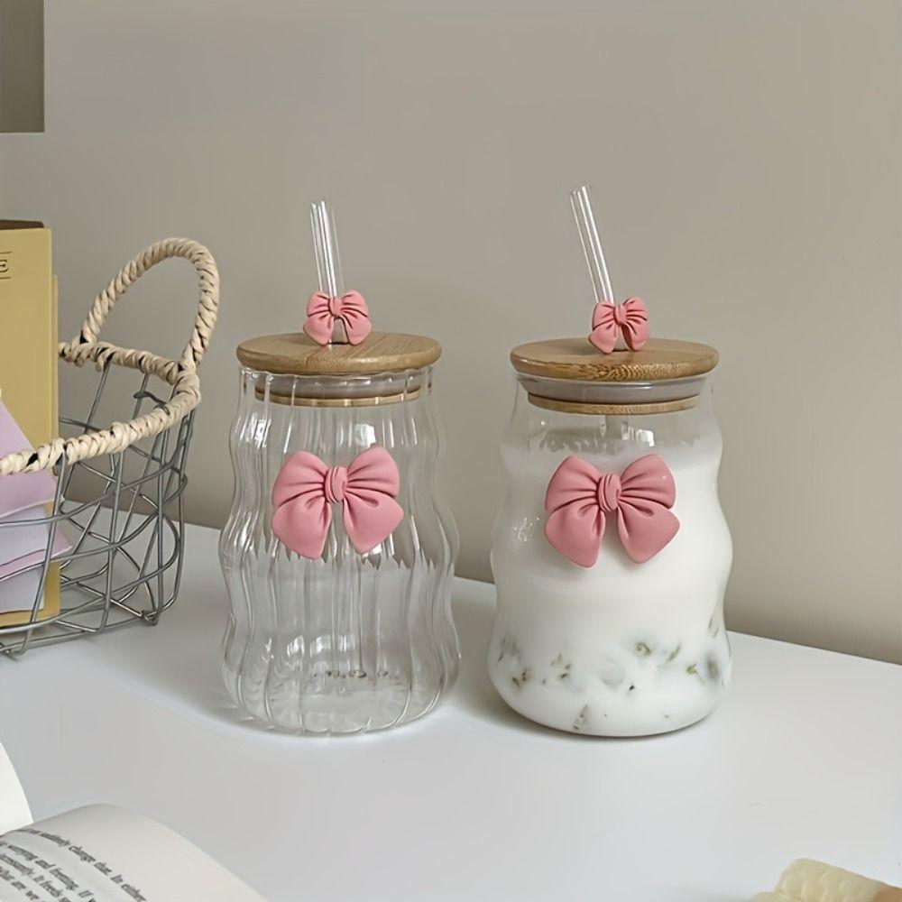 With Straw Striped Glass Cup Wavy Design Clear Glass Cup Afternoon Tea Coffee Cup Office