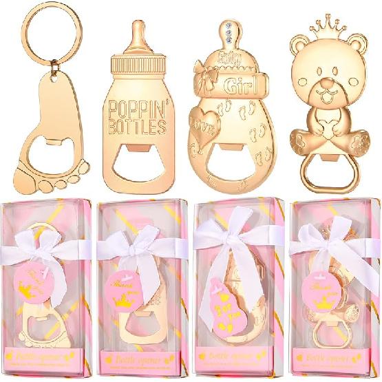 24 Pcs Baby Bottle Opener, Popping Girl Bear Footprint Keychain Bottle Openers with Pink Gift Box, Baby Shower Party Favors for Guests, Wedding