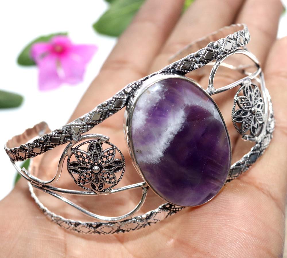 Huge Chevron Amethyst 925 Silver Plated Bangle 6.5" Christmas Jewelry Trendy d8l69
