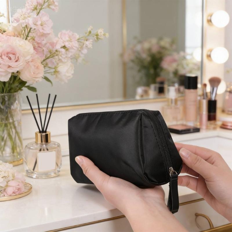 Travel Makeup Bag Smooth Nylon Cosmetic Case with Top Opening for Bathroom Counter Storage and Daily Personal Care Use
