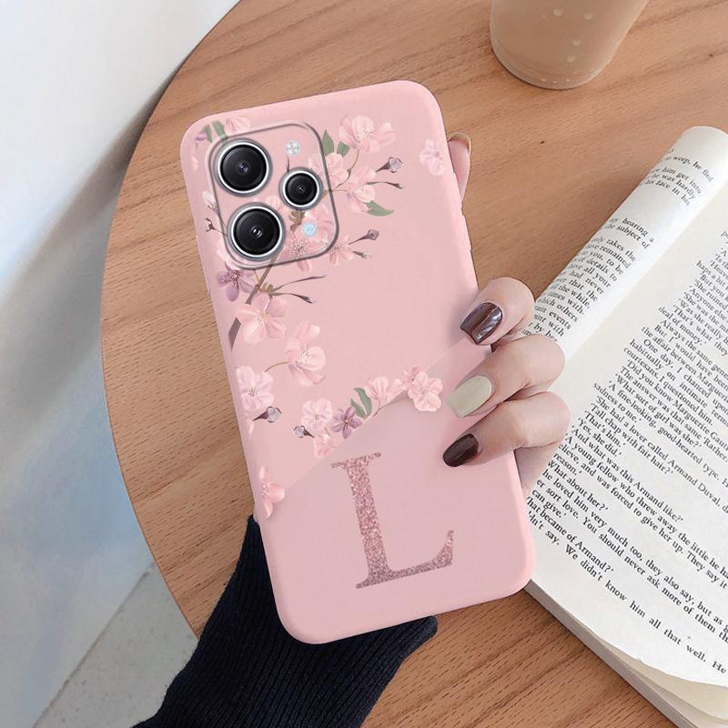 For Redmi 12 Note 14 Pro Phone Case Pink Flowers Initial Letter A To Z Silicone Soft Back Cover Alphabet Coque Shell Couple Capa