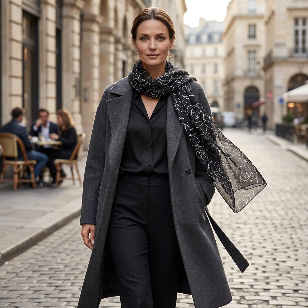 Black Scarf with White Floral Outline - Elegance and Lightness