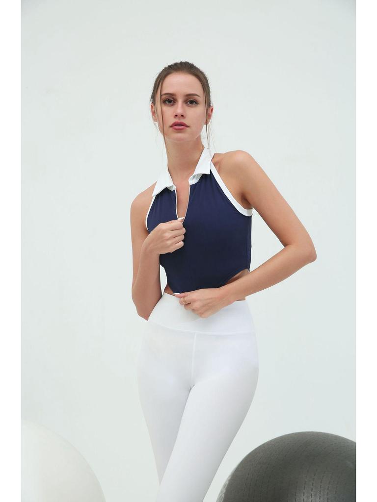 Women's Contrast Collar Sports Fitness Vest: Quick-Dry, High-Elastic, Chest-Padded, Zippered Top for Running & Yoga.