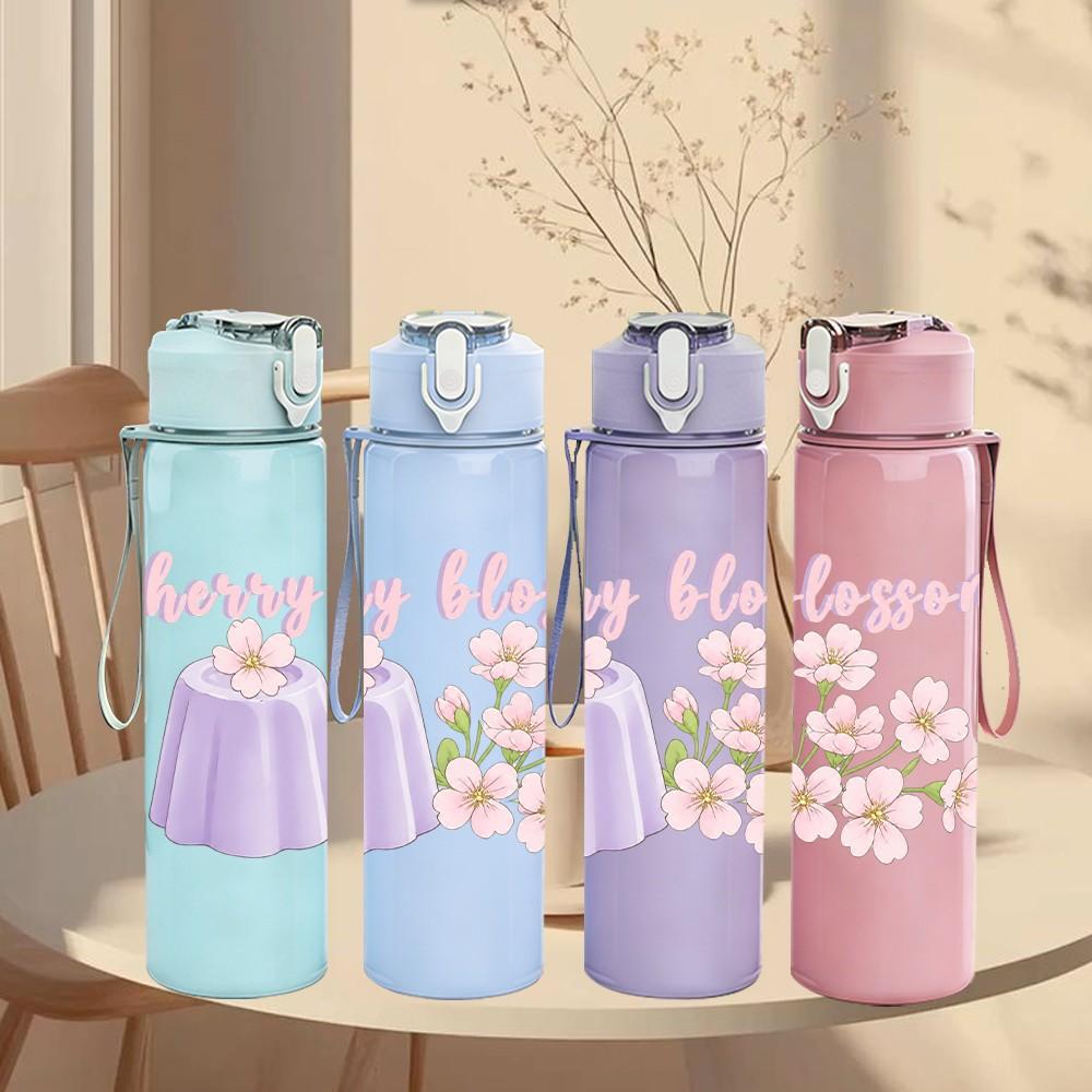 1PC Cherry Blossom Flower Vase Print 750ml Color Plastic Sports Water Bottle Leakproof Flip Straw Lid Suitable for Sports Office Home Use