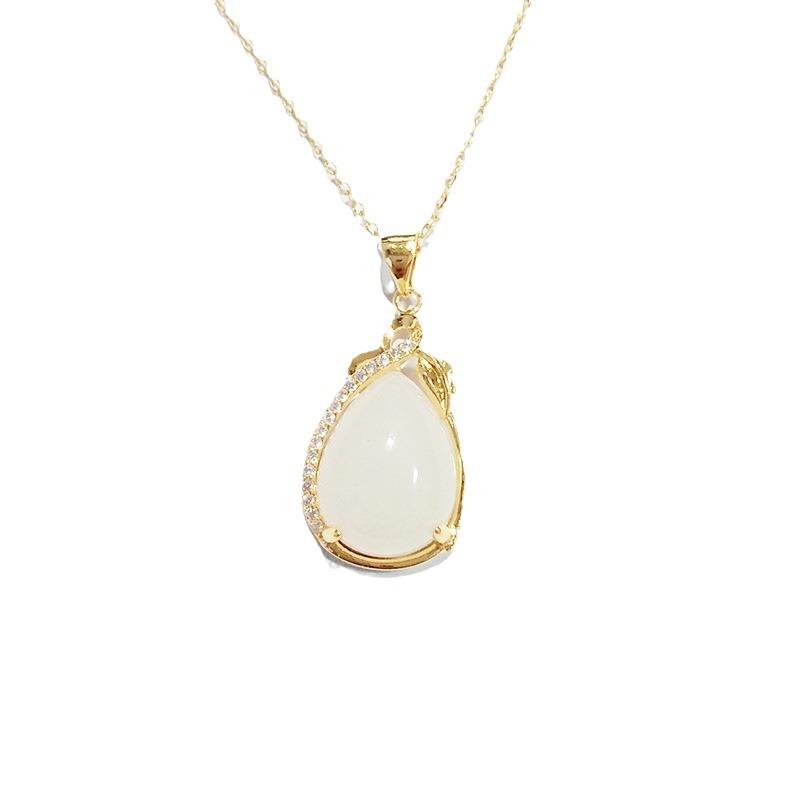 Water Drop Shaped Imitation Hetian Jade Pendant Women'S White Chalcedony Necklace Electroplating