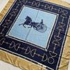 Used Scarf Silk Horse Carriage Pattern Blue Navy Gold Large Vintage